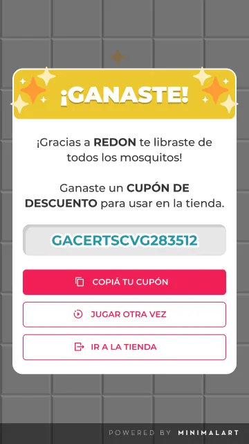 Pantalla de victoria con banner amarillo '¡Ganaste!', código de cupón GACERTSCVG283512 y botones para copiar el cupón, jugar otra vez o ir a la tienda